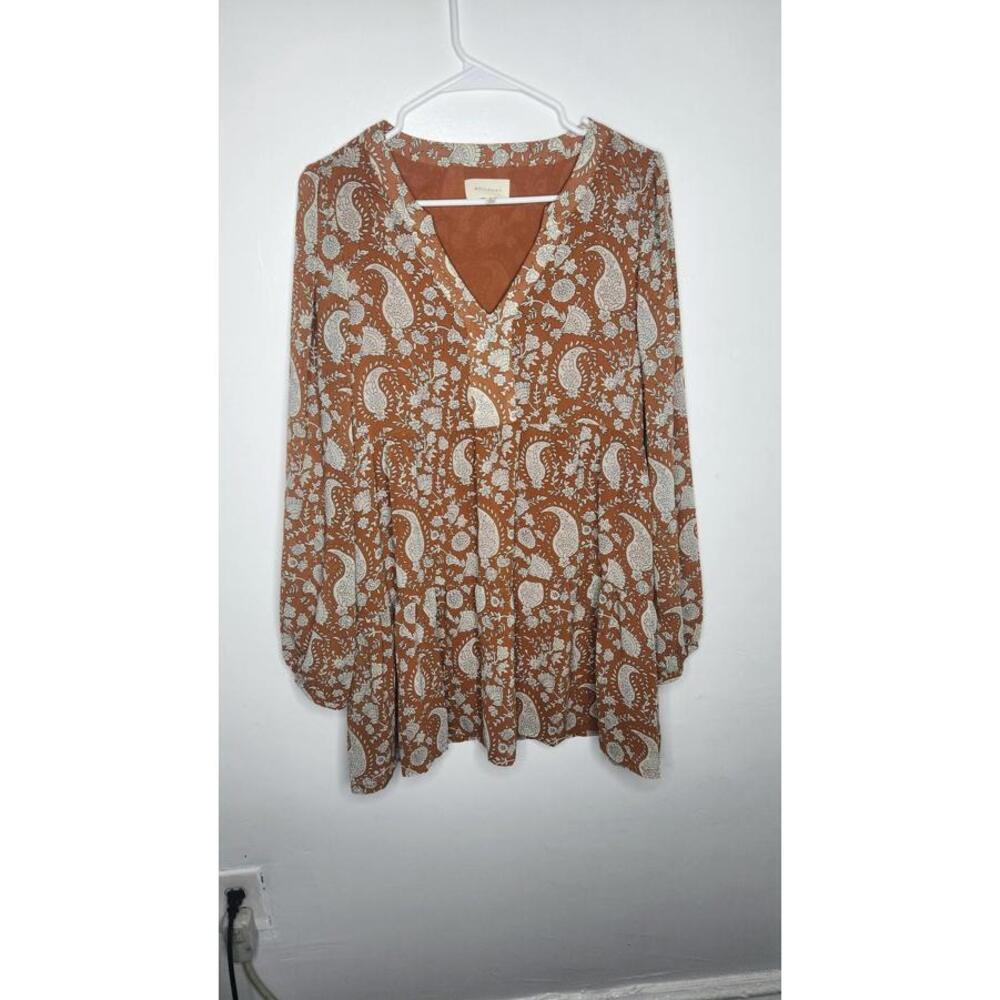 Melloday Blouse Womens Medium Rust Brown Paisley Boho V Neck Long Sleeve Flowy